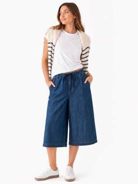 Denim Culottes Women’s Size 16 Wide Leg Gaucho 100% Cotton Blue Drawstring Waist